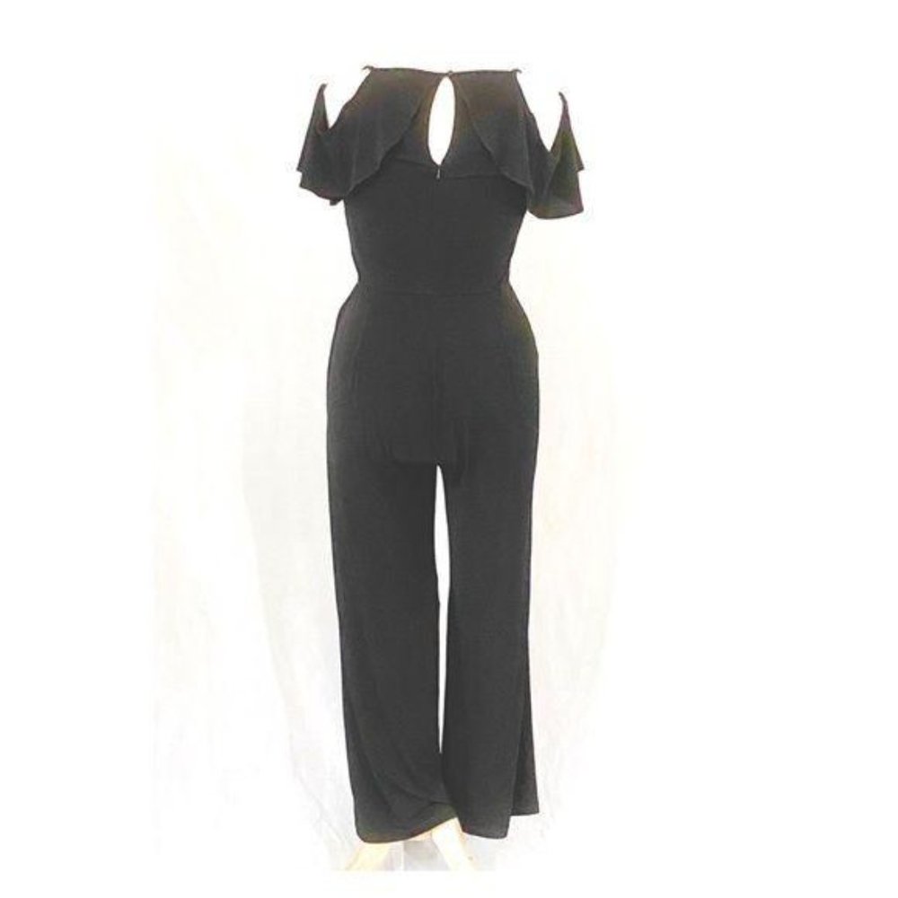 Beige by ECI Ruffle Cold Shoulder Black Jersey Knit Jumpsuit - Picture 7 of 12